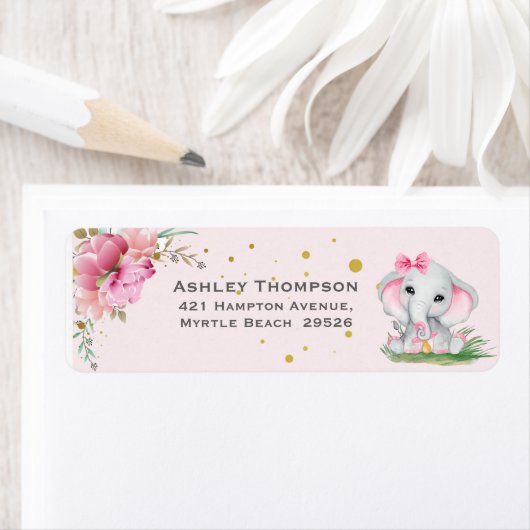 Cute Elephant Pink Floral Baby shower Invitation Etiket (Insitu)