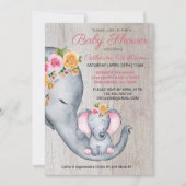 Cute Elephant Pink Floral Baby shower Invitation Kaart (Voorkant)