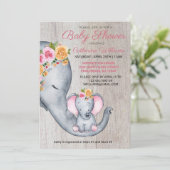 Cute Elephant Pink Floral Baby shower Invitation Kaart (Staand voorkant)