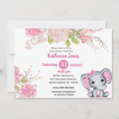 Cute Elephant Pink Floral Baby shower Invitation Kaart (Voorkant)