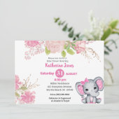 Cute Elephant Pink Floral Baby shower Invitation Kaart (Staand voorkant)