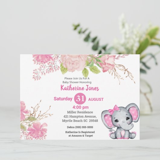 Cute Elephant Pink Floral Baby shower Invitation Kaart (Staand voorkant)