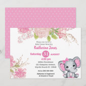 Cute Elephant Pink Floral Baby shower Invitation Kaart (Voorkant / Achterkant)