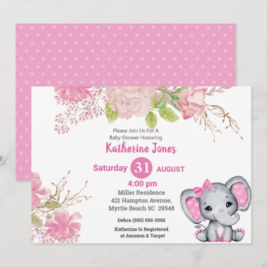 Cute Elephant Pink Floral Baby shower Invitation Kaart (Voorkant / Achterkant)