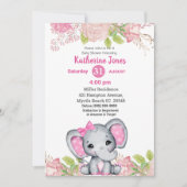 Cute Elephant Pink Floral Baby shower Invitation Kaart (Voorkant)