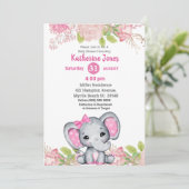 Cute Elephant Pink Floral Baby shower Invitation Kaart (Staand voorkant)