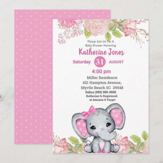 Cute Elephant Pink Floral Baby shower Invitation Kaart (Voorkant / Achterkant)