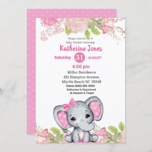 Cute Elephant Pink Floral Baby shower Invitation Kaart