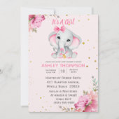 Cute Elephant Pink Floral Baby shower Invitation Kaart (Voorkant)