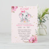 Cute Elephant Pink Floral Baby shower Invitation Kaart (Staand voorkant)