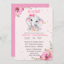 Cute Elephant Pink Floral Baby shower Invitation