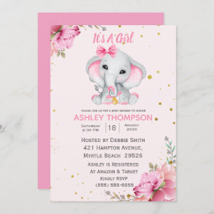 Cute Elephant Pink Floral Baby shower Invitation Kaart