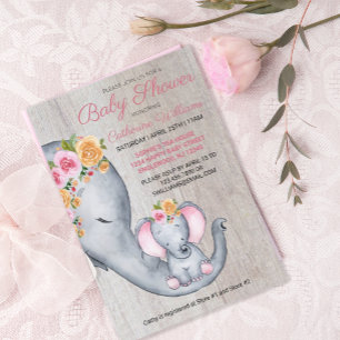 Cute Elephant Pink Floral Baby shower Invitation Kaart