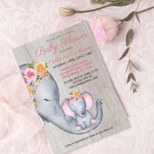 Cute Elephant Pink Floral Baby shower Invitation Kaart