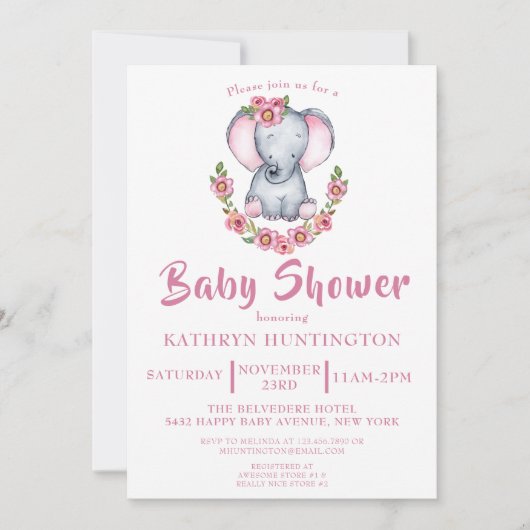 Cute Elephant Pink Floral Baby shower Kaart (Voorkant)