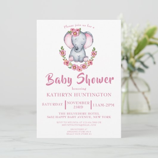 Cute Elephant Pink Floral Baby shower Kaart (Staand voorkant)
