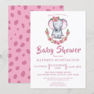 Cute Elephant Pink Floral Baby shower Kaart
