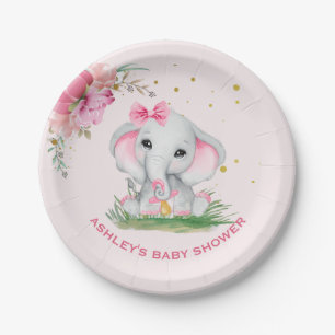 Cute Elephant Pink Floral Baby shower   Papieren Bordje