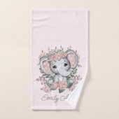 Cute Elephant Pink Floral Greenery Child Name Bad Handdoek (Handdoek)