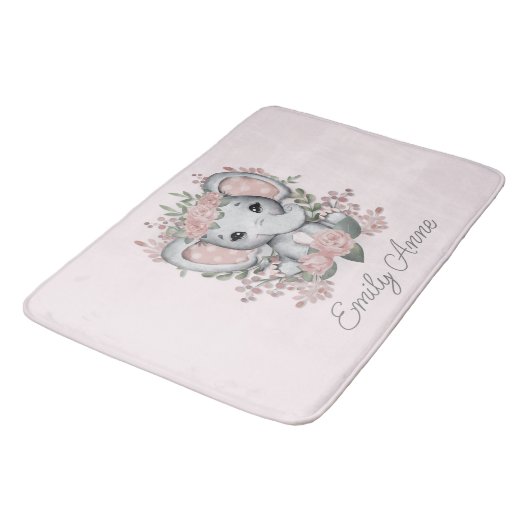 Cute Elephant Pink Floral Greenery Child Name Badmat (Gekanteld)