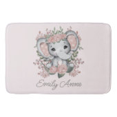 Cute Elephant Pink Floral Greenery Child Name Badmat (Voorkant)