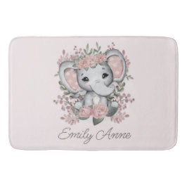 Cute Elephant Pink Floral Greenery Child Name Badmat