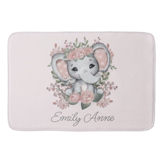 Cute Elephant Pink Floral Greenery Child Name Badmat (Voorkant)