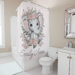 Cute Elephant Pink Floral Greenery Child Name Douchegordijn