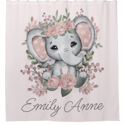 Cute Elephant Pink Floral Greenery Child Name Douchegordijn (Voorkant)