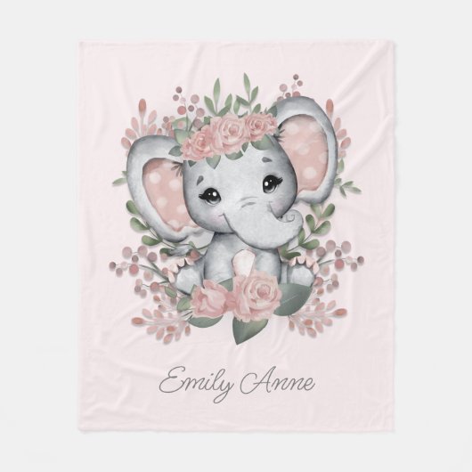 Cute Elephant Pink Floral Greenery Child Name Fleece Deken (Voorkant)