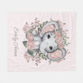 Cute Elephant Pink Floral Greenery Child Name Fleece Deken (Voorkant (Horizontaal))