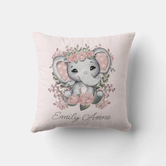 Cute Elephant Pink Floral Greenery Child Name Kussen (Achterkant)