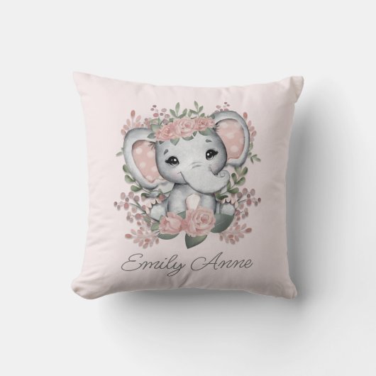Cute Elephant Pink Floral Greenery Child Name Kussen (Voorkant)