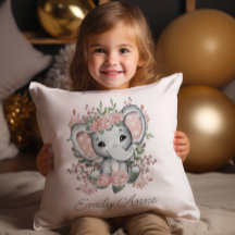 Cute Elephant Pink Floral Greenery Child Name