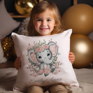 Cute Elephant Pink Floral Greenery Child Name Kussen