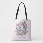 Cute Elephant Pink Floral Greenery Child Name Tote Bag (Voorkant)