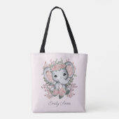 Cute Elephant Pink Floral Greenery Child Name Tote Bag (Achterkant)