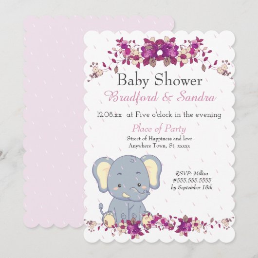 Cute Elephant Pink Floral raindrops Baby shower Kaart (Voorkant / Achterkant)