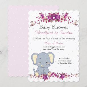 Cute Elephant Pink Floral raindrops Baby shower Kaart