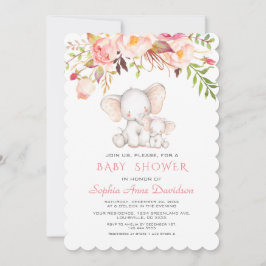 Cute Elephant Pink Flowers Girl Baby shower Kaart