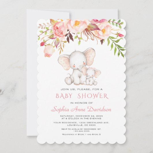 Cute Elephant Pink Flowers Girl Baby shower Kaart (Voorkant)