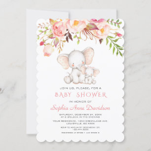 Cute Elephant Pink Flowers Girl Baby shower Kaart