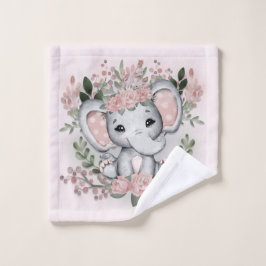 Cute Elephant Pink Flowers Greenery Bath Washandje