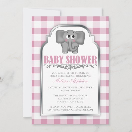 Cute Elephant Pink Gingham Baby Shower Invitations Kaart (Voorkant)