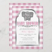 Cute Elephant Pink Gingham Baby Shower Invitations Kaart (Voorkant / Achterkant)