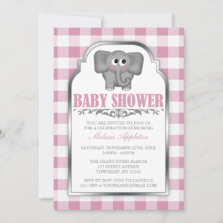 Cute Elephant Pink Gingham Baby Shower Invitations Kaart