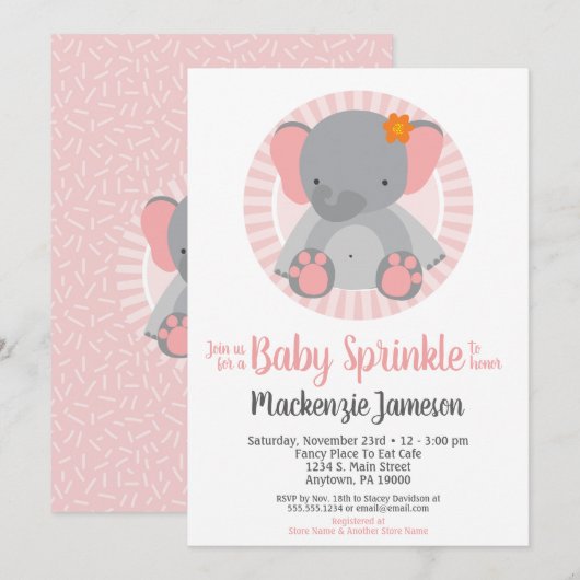 Cute Elephant Pink Girls Baby Sprinkle Invitation Kaart (Voorkant / Achterkant)