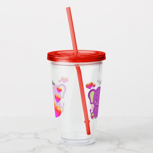 Cute Elephant Pink Paarse Hearts Girls Acryl Drinkbeker (Links)