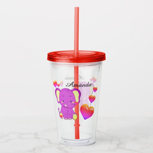 Cute Elephant Pink Paarse Hearts Girls Acryl Drinkbeker (Voorkant)