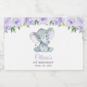 Cute Elephant, Purple Flowers, First Birthday Sparkling Wijnetiket (Enkel label)